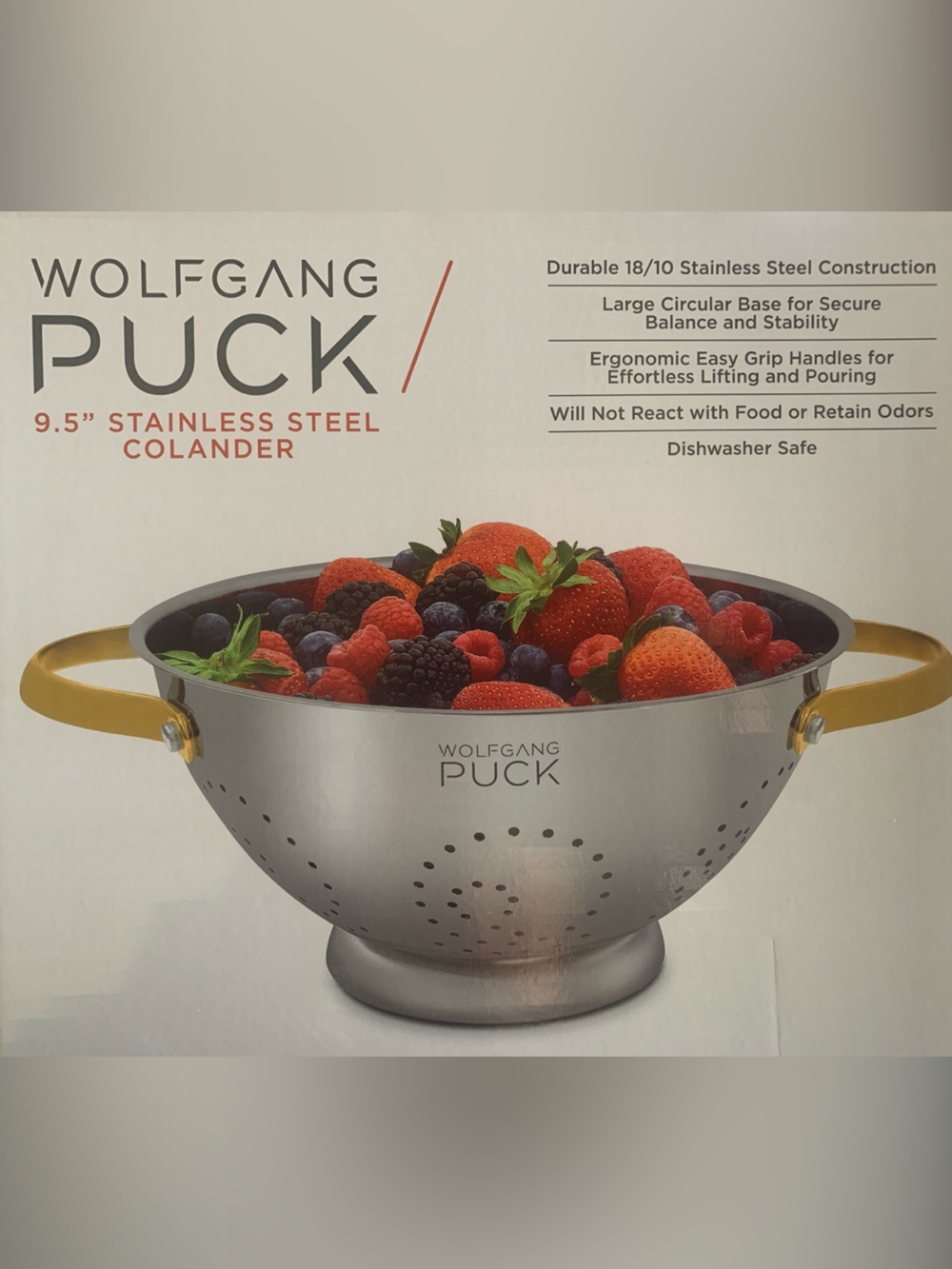 NEVER USED! Wolfgang Puck 9.5" Stainless Steel Colander with Gold Handles
